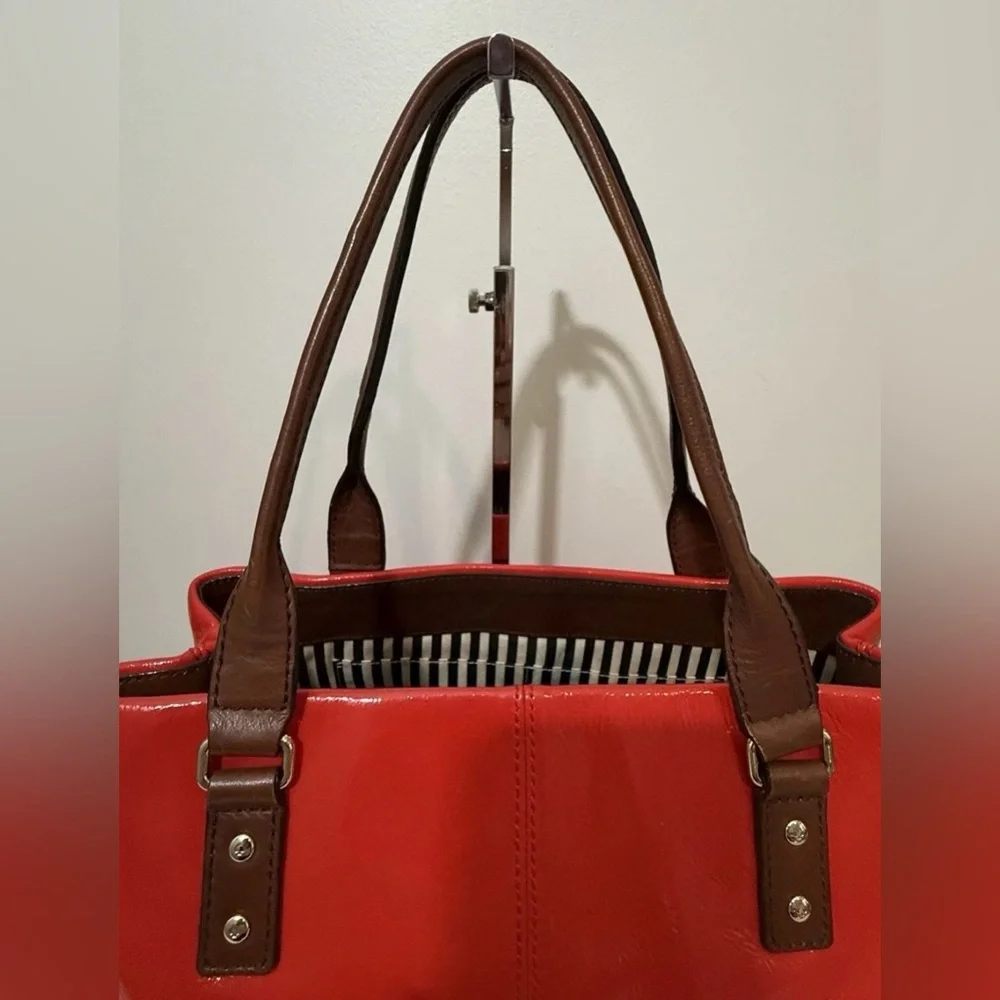 Kate Spade Patent Leather Cherry Red Tote Bag Brown Handles & Trim